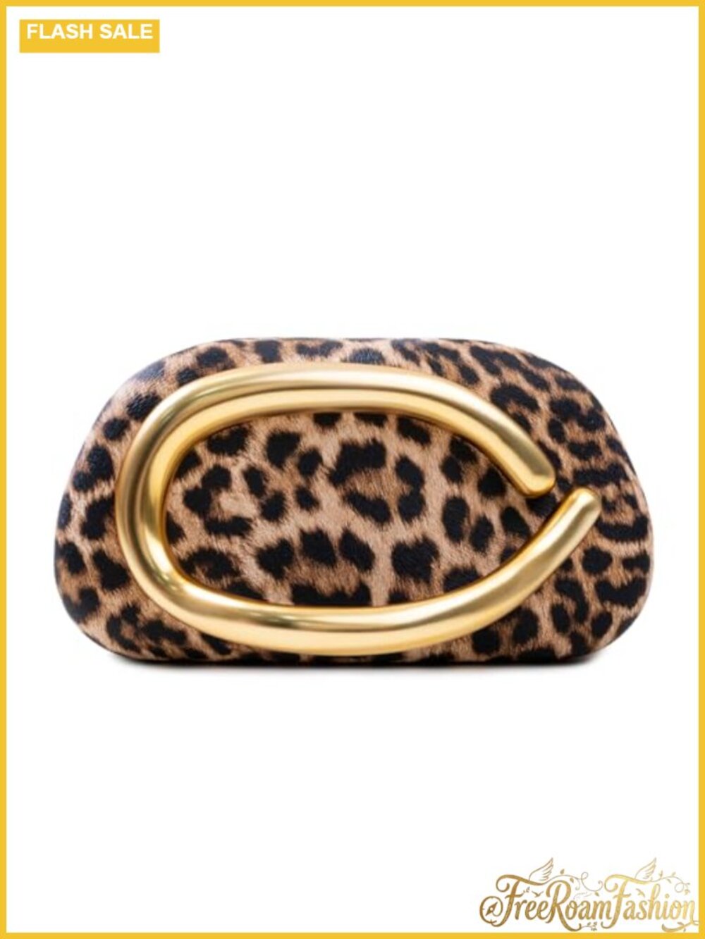 Leopard Print PU Evening Clutch with Gold Oval Hardware & Snake Chain Strap